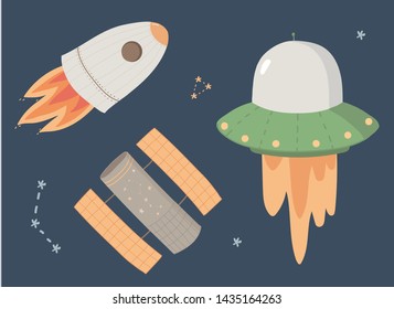 Cute set on the theme of space: Rocket, Ufo, Hubble. Illustration 