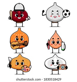 a cute set of onion vectors with various hobbies like playing baseball, football, guitar, writing, painting and taking photos