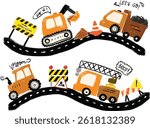 Cute set of orange construction site machines vehicles transportation excavator crane tractor dump trash truck road street with text doodle hand drawn kids crayon watercolor illustration vroom beep