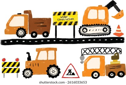 Cute set of orange construction site machines vehicles transportation excavator crane tractor dump trash truck road street doodle hand drawn kids crayon watercolor illustration safety sign