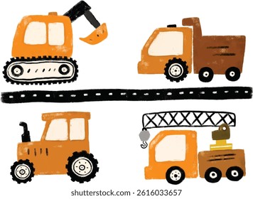 Cute set of orange construction site machines vehicles transportation excavator crane tractor dump trash truck road street doodle hand drawn kids crayon watercolor illustration boy birthday party