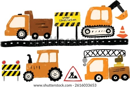 Cute set of orange construction site machines vehicles transportation excavator crane tractor dump trash truck road street doodle hand drawn kids crayon watercolor illustration safety sign