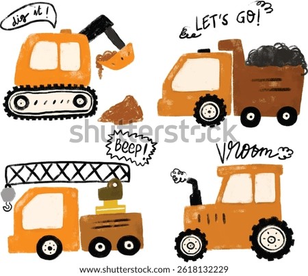 Cute set of orange construction site machines vehicles transportation excavator crane tractor dump trash truck with text doodle hand drawn kids crayon watercolor illustration vroom beep