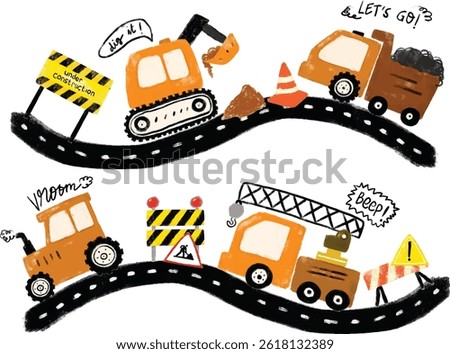 Cute set of orange construction site machines vehicles transportation excavator crane tractor dump trash truck road street with text doodle hand drawn kids crayon watercolor illustration vroom beep