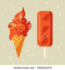 Cute set with orange ice cream in a waffle cone and popsicle on a stick. Hand-drawn doodle on a warm background. Hello summer. Kawaii fun vector illustration.