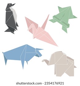 A cute set of origami animals. Japanese folded paper figurine. Penguin, crane, bull, elephant, frog.