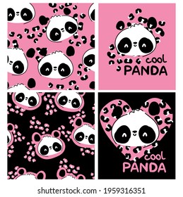 Cute Set panda black pink print for baby poster, design elements vector illustration