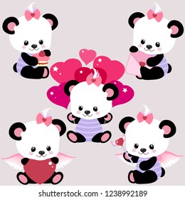 Cute set with pandas with balloons, sweets and hearts for Valentine's Day or birthday. Sweet congratulations for your loved one.