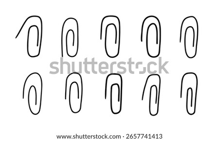 Cute set of paper clips. Hand drawn clips, staples attached. Black clips for paper, documents, notes. Stationery for school, office. Hand-held holders. Doodle, flat clips isolated on white background.