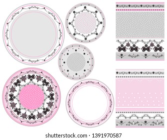 Cute set of patterns for decorating dinner sets. Receptions arrangement of circular ornaments for plates and an abstract seamless pattern for cups and teapots. Vector with pink Gray and white elements