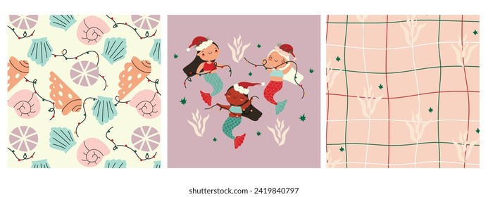 A cute set of patterns with Mermaids, bright abstract scales and delicate seaweed. Christmas and Happy New Year backgrounds.