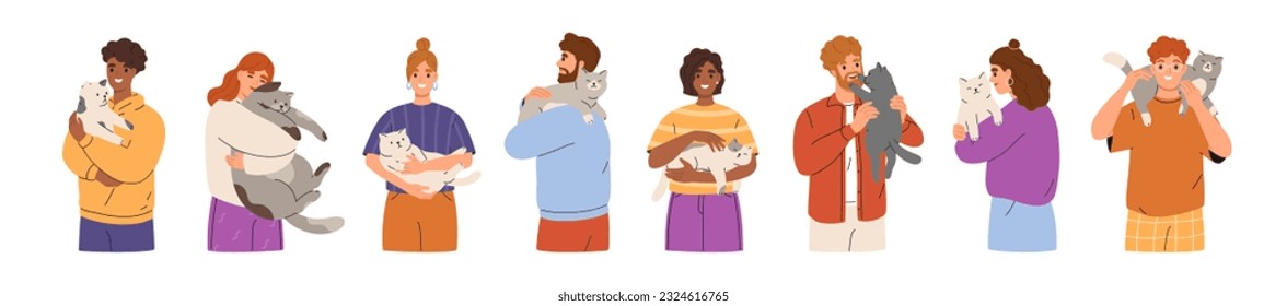 Cute set of people holding cats. Happy men and women hold in arms domestic pet show love and care. Pet owners portrait with adorable kitties. Human and feline animals friendship. Flat illustration.