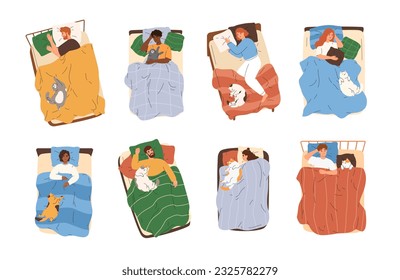 Cute set of people sleeping in bed with cat asleep and lying together with them. Sleepy men and women relaxing with kitty under cozy blanket. Pet owners dreaming on pillow together domestic animal.