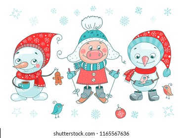Cute set of pig, snowmen, birds and snowflakes on white background. Christmas vector illustration. Trendy symbol of 2019 new year. Size A4 horizontal