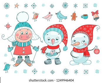 Cute set of pig, snowmen, birds and snowflakes on white background. Christmas vector illustration. Trendy symbol of 2019 new year. Size A4 horizontal