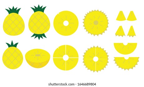 The cute set of pineapple or ananas with leaves in cartoon silhouette and flat design. Decoration set of fruits in parts, slices and core for summer. Vector illustration isolated on white background.