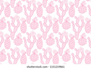 Cute set pink cactus with flowers wide card. Vector illustration hand drawing cacti isolated on white background.