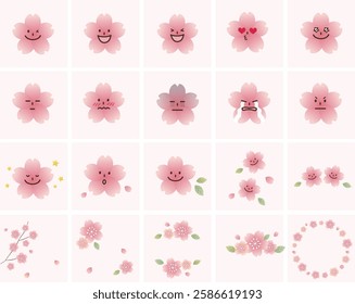 cute set pink cherry blossoms, sakura flower. vector icon illustration.