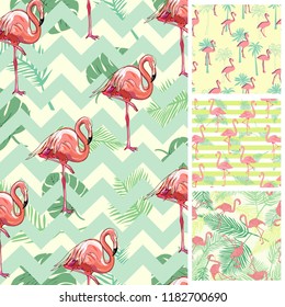 Cute set of Pink Flamingo tropical vibes seamless patterns. Vector illustration.