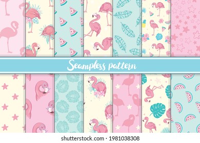 Cute set of Pink Flamingo tropical vibes seamless patterns. Vector illustration.