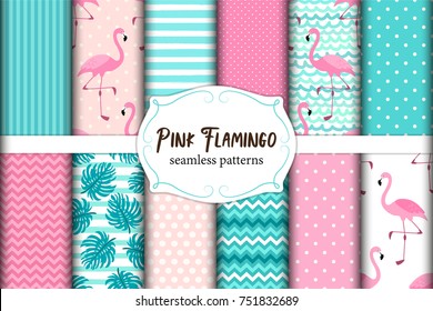 Cute set of Pink Flamingo tropical vibes seamless patterns. Vector illustration.