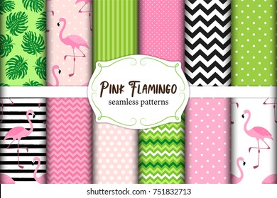 Cute Set Of Pink Flamingo Tropical Vibes Seamless Patterns. Vector Illustration.