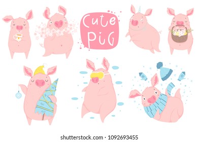 Cute set with pink pigs - sombol of 2019 . Concept, vector vertical editable template. Symbol of the year in the Chinese calendar. Cartoon. Isolated. Vector illustration