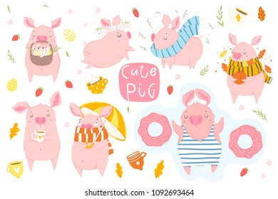 Cute set with pink pigs - sombol of 2019 . Concept, vector vertical editable template. Symbol of the year in the Chinese calendar. Cartoon. Isolated. Vector illustration