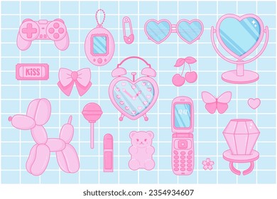 Cute set. Pink women's accessories. Kawaii glamour. Teenage girly style. Nostalgic pinkcore 2000s style. Lipstick, glasses, ticket, lollipop ring, jelly bears gummy, flip phone.