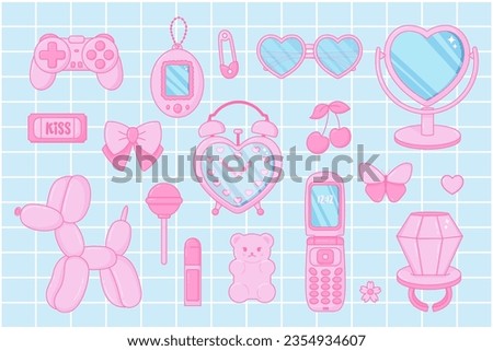 Cute set. Pink women's accessories. Kawaii glamour. Teenage girly style. Nostalgic pinkcore 2000s style. Lipstick, glasses, ticket, lollipop ring, jelly bears gummy, flip phone.