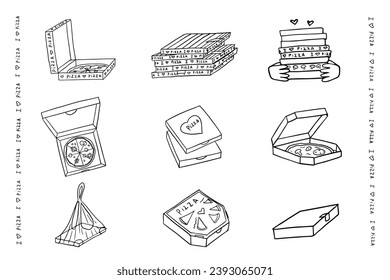 Cute set of pizza box. Italian cuisine, I love pizza. Doodle style. Hand drawn. Great for menu design, banners, sites, packaging. Vector illustration EPS10