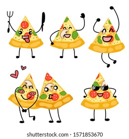 cute set of pizza cartoon character . vector illustration