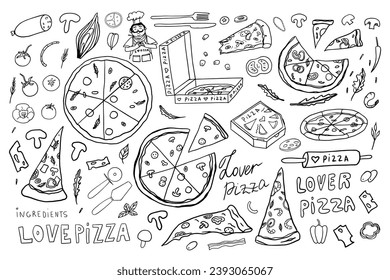 Cute set of pizza, Italian cuisine, slice of pizza, pizza box, satisfied cook. Pizza lover. Doodle style. Hand drawn. Great for menu design, banners, sites, packaging. Vector illustration EPS10