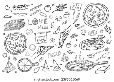 Cute set of pizza, Italian cuisine, ingredients, slice of pizza, pizza box. I love pizza. Doodle style. Hand drawn. Great for menu design, banners, sites, packaging. Vector illustration EPS10