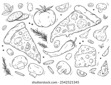 Lindo conjunto de pizza, cocina italiana, rebanada de pizza, caja de pizza, cocinero satisfecho. Amante de la pizza. Estilo Doodle. Dibujado a mano. Ideal para el diseño de menú, Anuncios, sitios, embalaje.