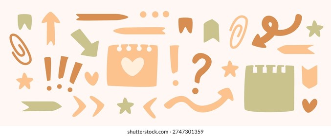 Cute set for planners with stickers, arrows, bookmarks, question marks, and exclamation marks in warm pastel colours. Perfect for planners, journals, and presentations.