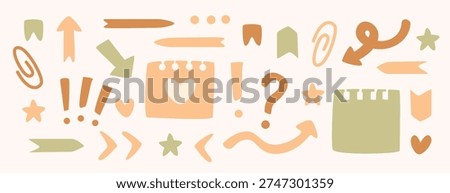 Cute set for planners with stickers, arrows, bookmarks, question marks, and exclamation marks in warm pastel colours. Perfect for planners, journals, and presentations.