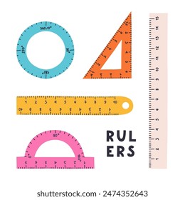 Cute set of plastic rulers, protractor, triangle, compass in cartoon style. Hand drawn tools for drawing and measurement. School supply and stationery for study and work. Vector clipart isolated
