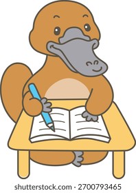 Conjunto bonito de adesivo de ornitorrinco com atividade. Ornitorrinco escrevendo na mesa.