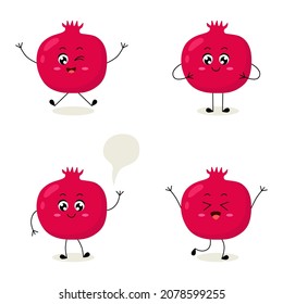 Cute set of pomegranate character in different poses and emotion. Funny fruit character in cartoon style. Vector illustration isolated on a white background.