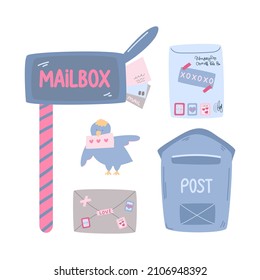 Cute set of postal elements. Mailboxes, envelopes. Vector illustration in flat cartoon style. Love theme. Valentine's Day