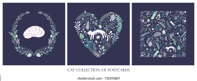 Cute set of postcards with cats and floral elements. Vector illustration. Can be used for your design.