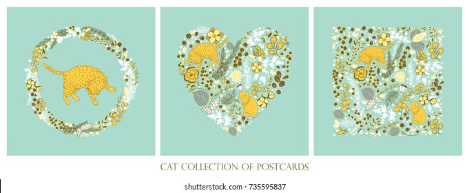 Cute set of postcards with cats and floral elements. Vector illustration. Can be used for your design.