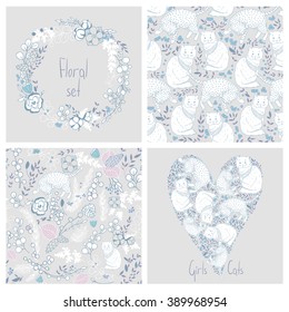 Cute set of postcards and seamless patterns with cats and elements of the flora. Vector illustration