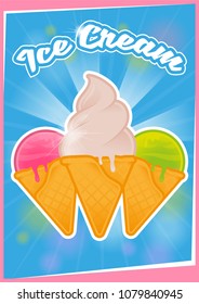 Cute set posters with different kinds sweet ice cream with different shape color and taste for menu street food business or cafe bar or summer party. Modern vector style illustration flat design.