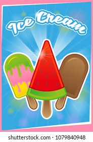 Cute set posters with different kinds sweet ice cream with different shape color and taste for menu street food business or cafe bar or summer party. Modern vector style illustration flat design.