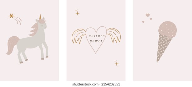 Cute set posters nursery. Cartoon hand drawn unicorn, ice cream and heart with wings. Baby wall art decor. Kids print in Scandinavian style. The design of the game room in in pastel colors.