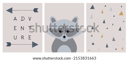 Cute set posters nursery. Cartoon hand drawn raccoon. Baby wall art decor. Kids print in Scandinavian style. Baby design game room.Vector illustration of textiles, postcards, prints. Funny raccoon