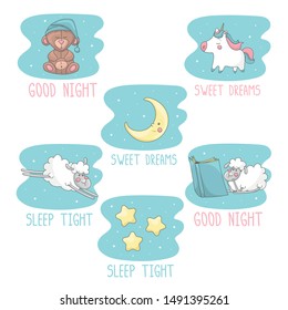 Cute set of posters templates with sparkling stars and cartoon elements and characters and lettering. Blue blobs in the backgrounds. Cartoon style illustrations. Vector.