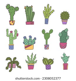 Conjunto de cactus en maceta en ilustración de estilo doodle. Para el diseño de postales, invitaciones o stickers. Vector aislado